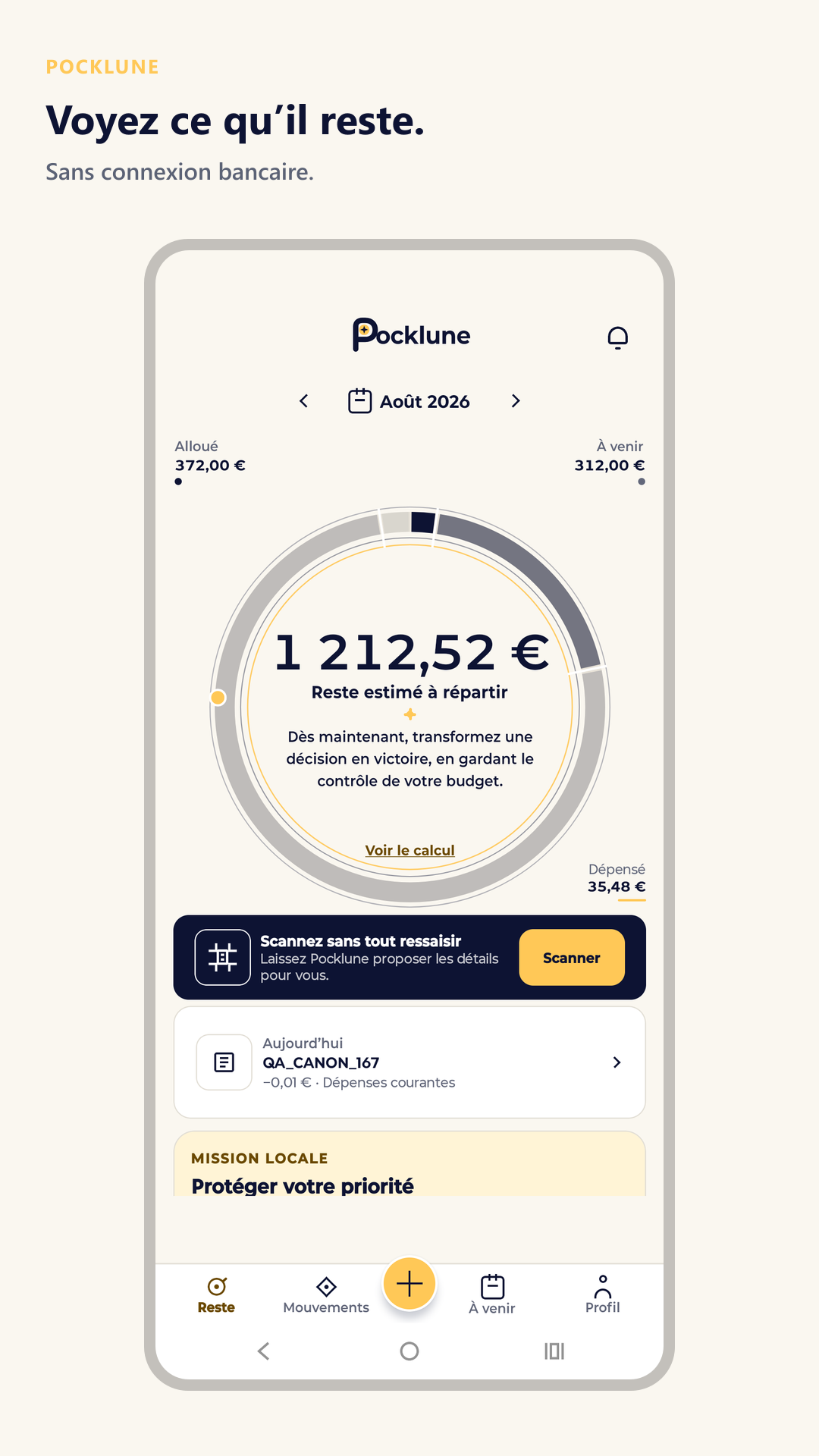 Écran Pocklune 1.0.184 montrant le Reste estimé, le calcul et l’action Scanner